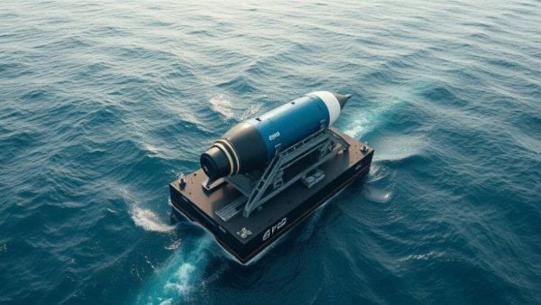 Blue Origin rocket on barge in ocean, displaying stability.