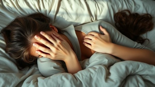 Stressed woman, overwhelmed mom covering face, lying on bed, natural light.
