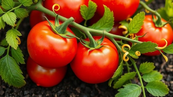 Dealing with yellow and curling leaves on tomato plants in a vibrant garden setting.