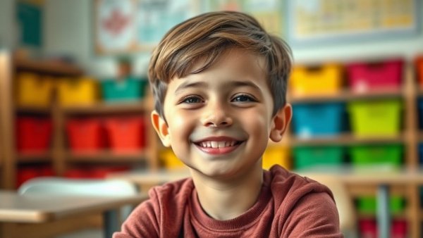 Smiling young boy in classroom, related to Your Child’s Autism Diagnosis.