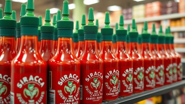 Sriracha sauce bottles on a store shelf highlighting taste change.