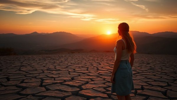 Reflective woman standing on cracked ground at sunset, symbolizing coping with housing instability.