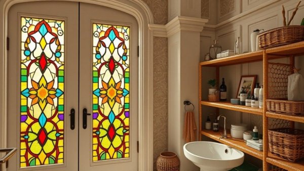 Colorful home decor with stained glass and wicker shelves under $25.
