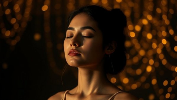 Young woman meditating with abstract golden lights, emphasizing mindfulness for emotional sobriety.