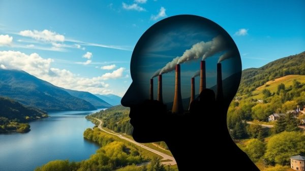 Imaginative silhouette of head showcasing pollution within nature, symbolizing change human behavior for environmental conservation.