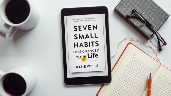 Digital book cover on tablet with coffee cup and notebook.