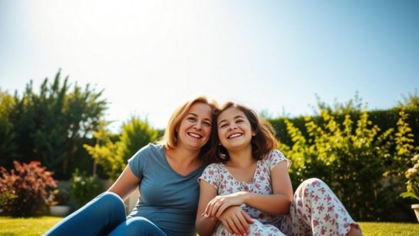 Happy mother and daughter in a garden, promoting inspirational quotes for anxiety relief.