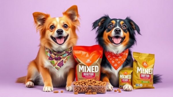 Dogs with mixed dog food packages and bandanas.