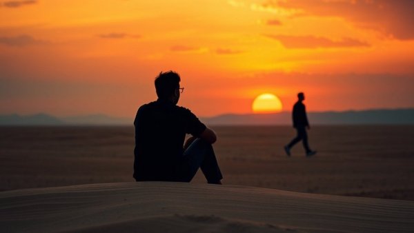Silhouetted man overcomes the victim mindset, sunset contrast.