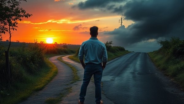 Man at forked path, contemplating life choices under contrasting skies.