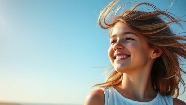 Young girl smiling on a sunny day, blue sky backdrop.