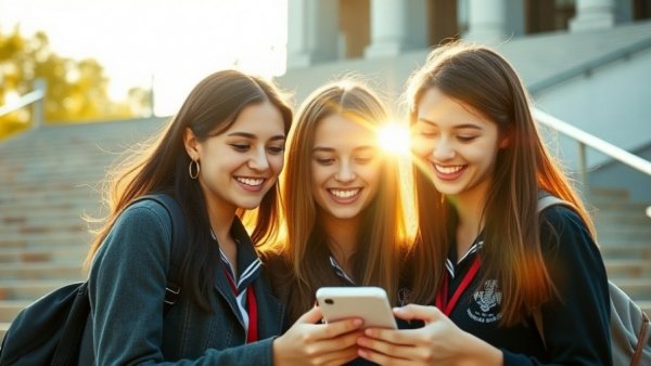 Teenage girls enjoying a phone moment, school day setting.