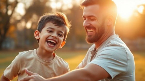 Joyful boy playing with father outdoors, Viking boy names inspiration