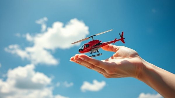 Surreal image of a hand holding a tiny red helicopter in the sky.