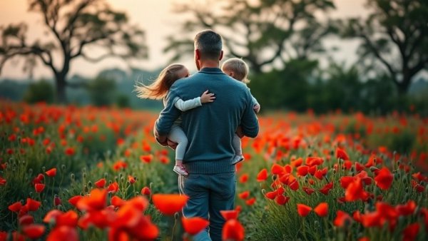 Father and children in a poppy field, illustrative of mindful gardening for wellness.