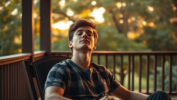 Young man on porch chair in afternoon sunlight, relaxed.