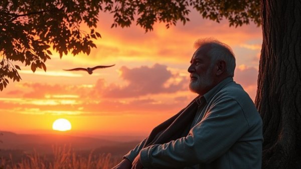 Older man contemplating under tree at sunset, coping with anticipatory anxiety.