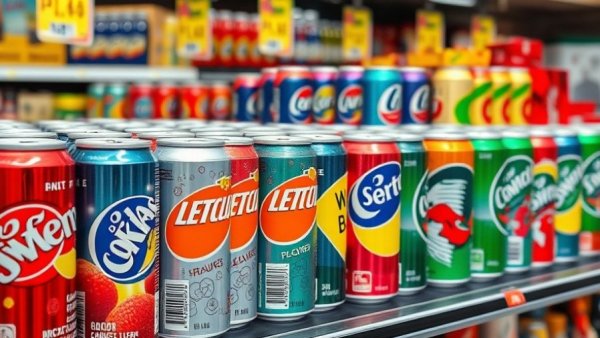 Colorful soda cans on grocery shelf for SNAP purchases