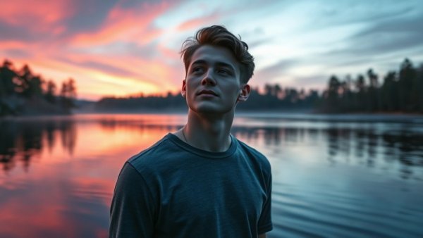 Mindful young man embracing emotions by a serene lake.