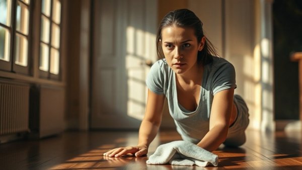 Woman cleaning wooden floor, cleaning as a coping mechanism