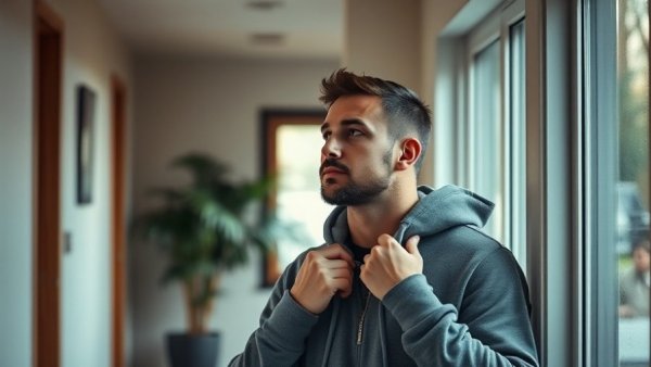 Micromovements anxiety indicators: man adjusting collar in hallway.
