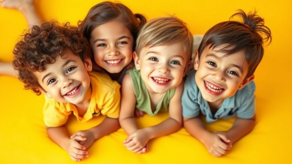 Two cheerful kids smiling on a yellow background
