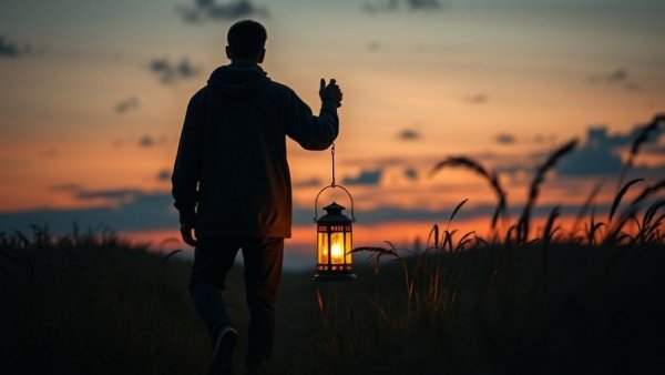 Silhouette with lantern at dusk, companions for living with loss