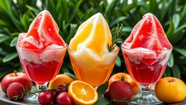 Colorful herbal snow cones with fruits and herbs in glass cups.