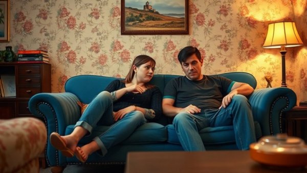 Tension between couple on vintage couch highlighting relationship ease.