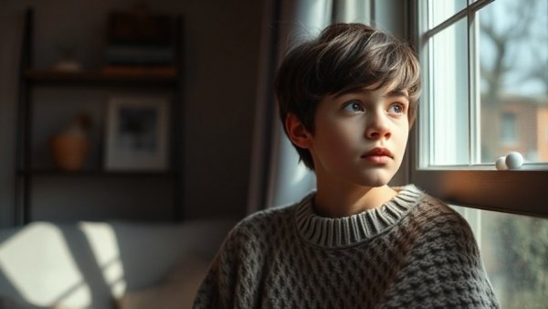 Teenager exhausted after school, looking out the window thoughtfully.
