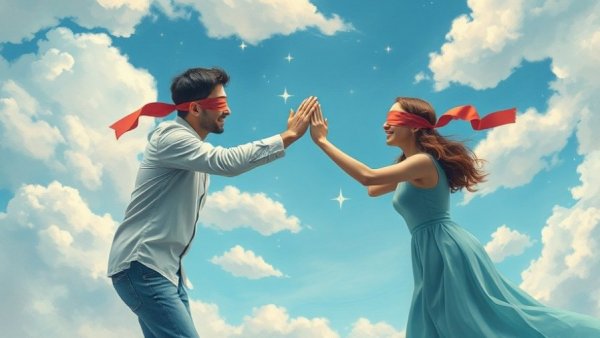 A surreal image of a blindfolded couple reaching out across a gap, overcoming codependency.