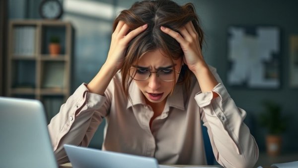 Overcoming Imposter Syndrome from a Toxic Job: stressed woman in office.