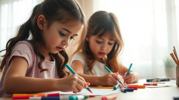 Indoor kids' craft activity, girls engaged in art, bright creative space.