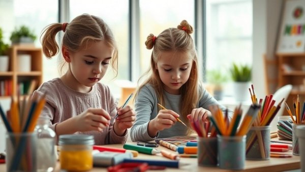 Creative indoor craft session with children using art supplies, natural light.