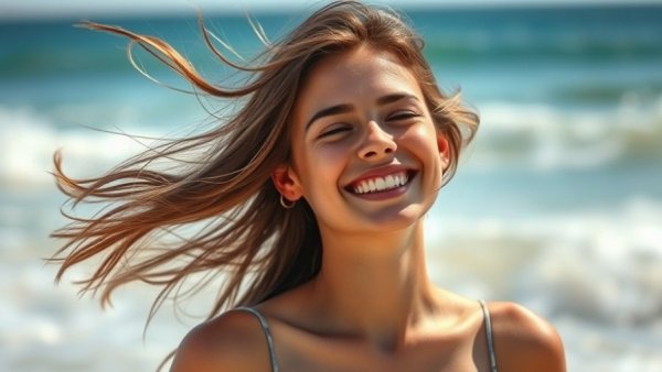 Recreating a ‘90s Summer: Smiling woman on a sunny beach.