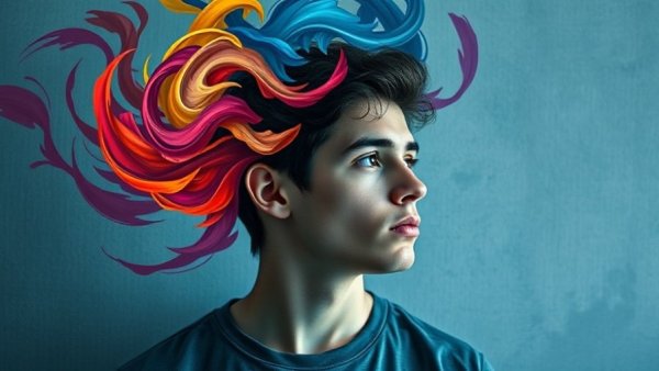 Overthinking concept art: man with colorful thoughts swirling above