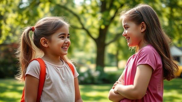 Two girls interacting happily in a sunny park