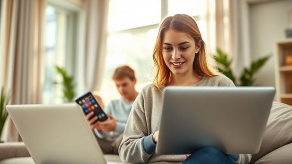 Mother multitasking on phone and laptop at home, competence fatigue.