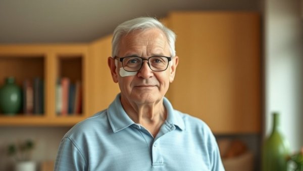 Older man with bandage smiling in a cozy kitchen