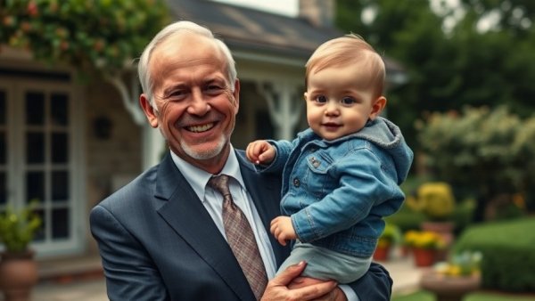 Older man holding baby in denim jacket outdoors, Nancy Meyers baby names.