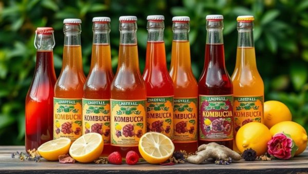 Vibrant assorted kombucha bottles with fresh ingredients, lush garden.