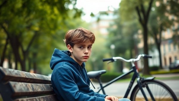 Teen boy sitting with a bicycle in a park, representing independence for a 13-year-old.