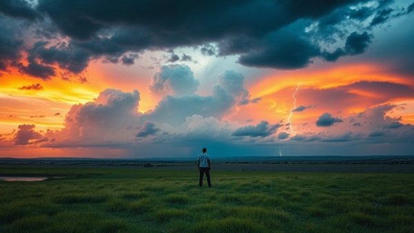 Person standing in field under stormy sky during sunset, reprogramming anxiety