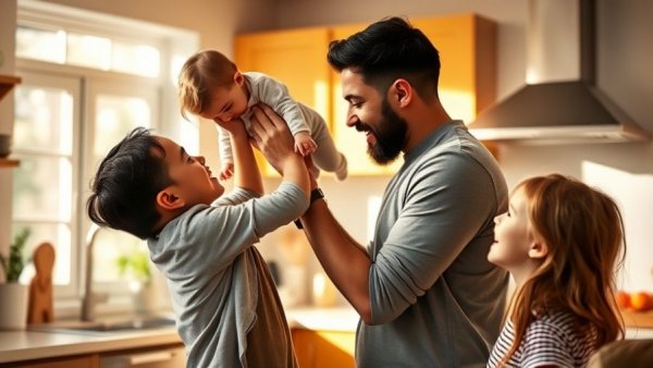 Co-parenting challenges in summer: father plays with toddler while child watches.