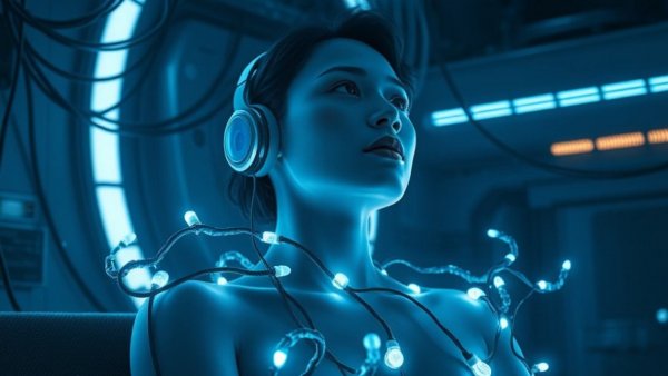 Futuristic depiction of rest with glowing vines and earbuds.