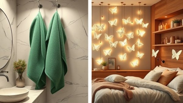 Affordable home decor with green towels and butterfly lights
