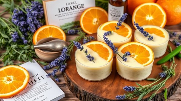 Lavender orange custard recipe with fresh garnish on wooden board.