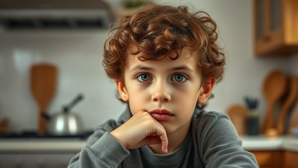 A contemplative autistic child at home, reflecting on social cues.