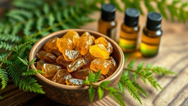 Aromatic myrrh resin in a bowl with natural setting.