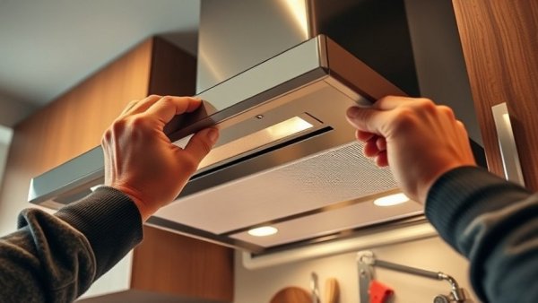 Hands repairing a range hood filter, showcasing environmental benefits of maintenance.